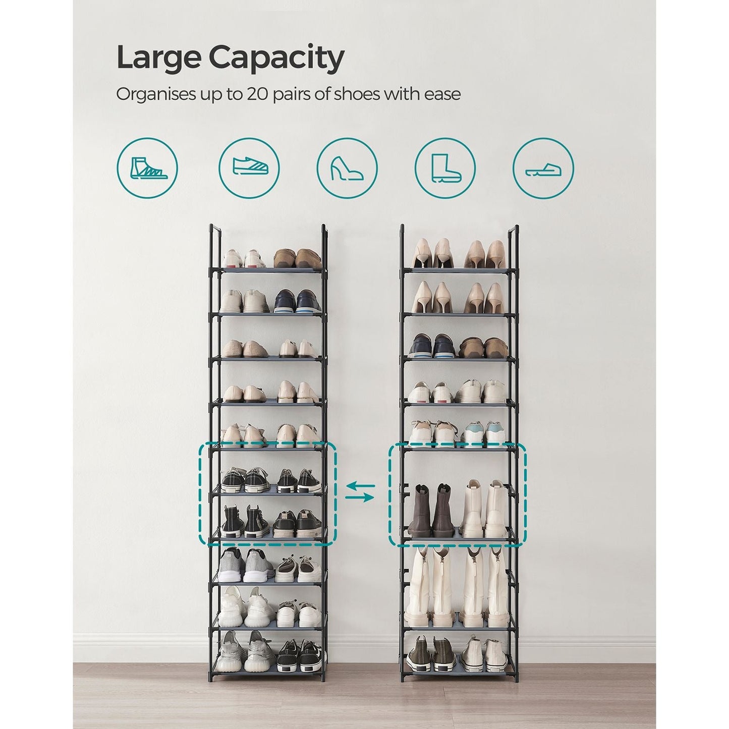 10-Tier Shoe Shelf with Metal Frame