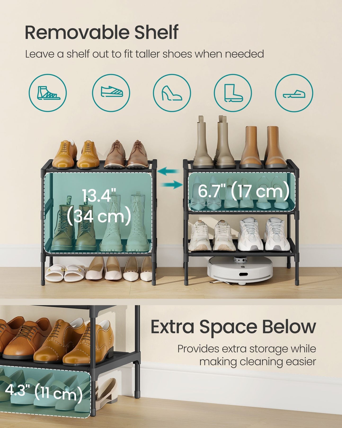 Shoe Rack, 3-Tier Shoe Storage Organizer, Space-Saving, 11.7 x 16.5 x 19.1 Inches