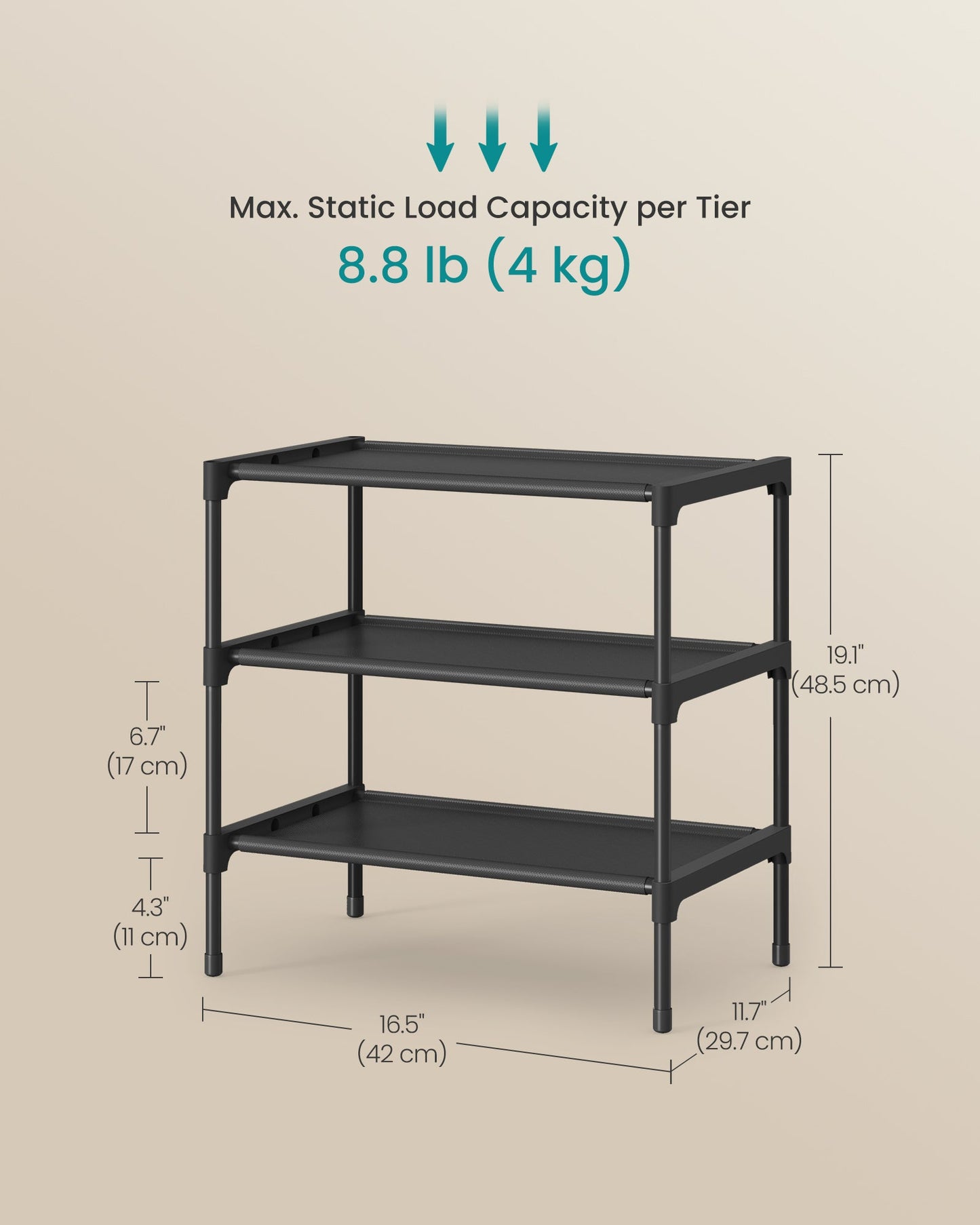 Shoe Rack, 3-Tier Shoe Storage Organizer, Space-Saving, 11.7 x 16.5 x 19.1 Inches
