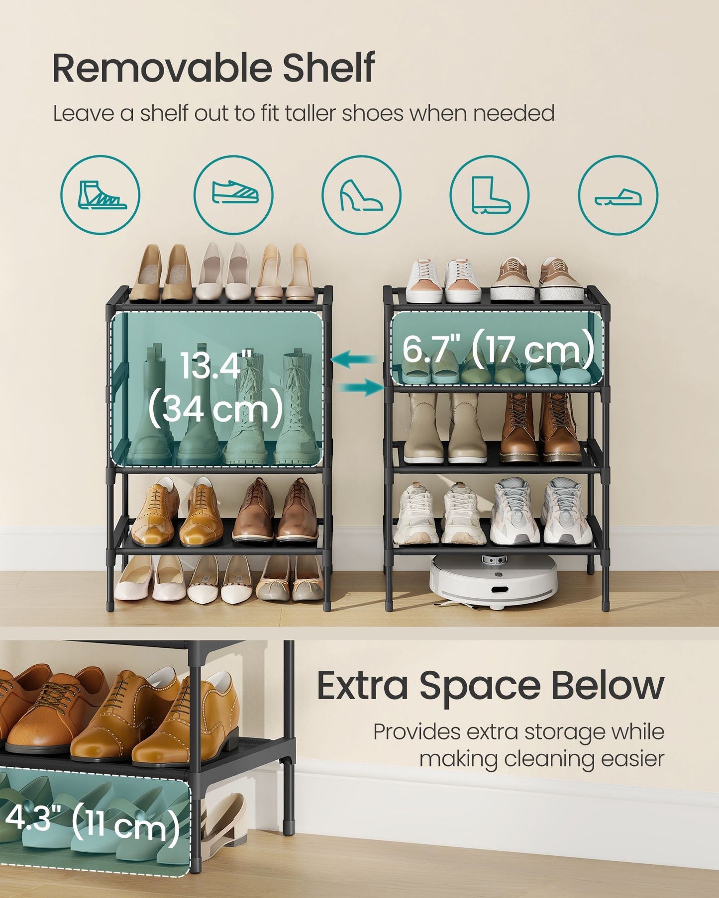 Shoe Rack, 4-Tier Shoe Storage Organizer, Space-Saving, 11.7 x 16.5 x 26 Inches