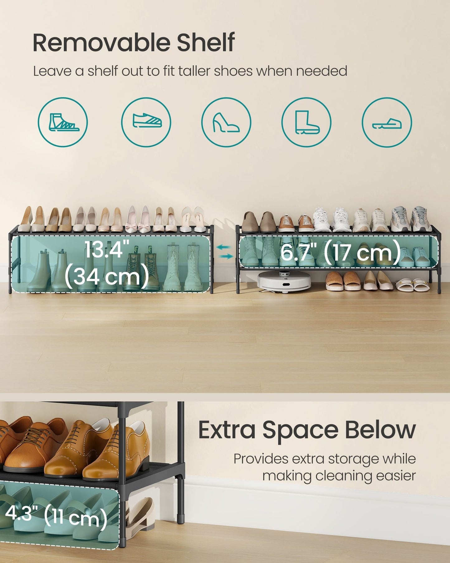 Shoe Rack, 2-Tier Shoe Storage Organizer, Space-Saving, 11.7 x 36.1 x 12.2 Inches