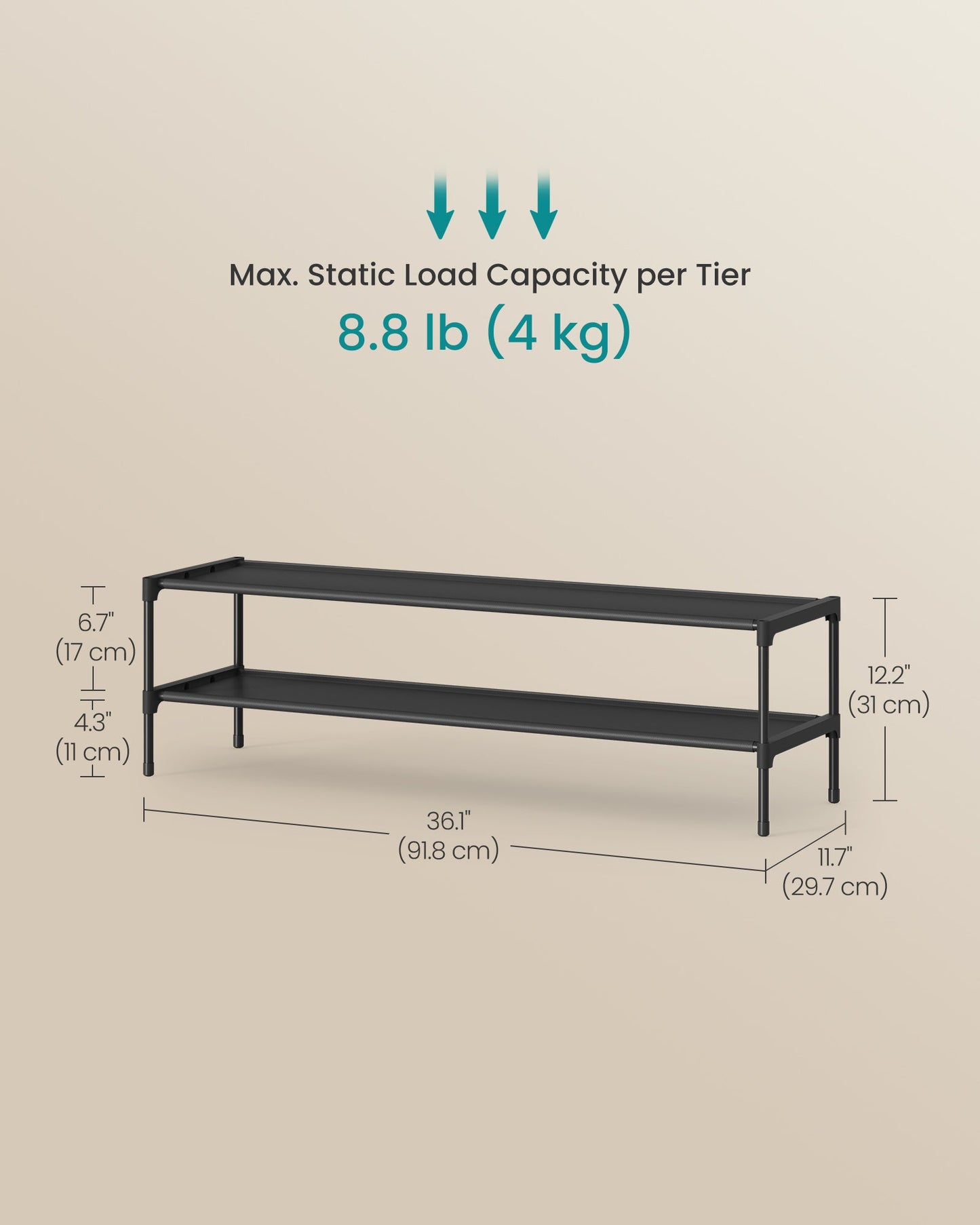 Shoe Rack, 2-Tier Shoe Storage Organizer, Space-Saving, 11.7 x 36.1 x 12.2 Inches