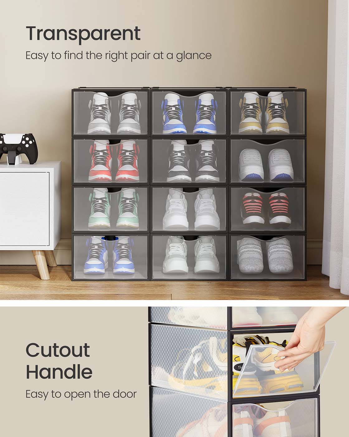 Stackable Shoe Boxes, Set of 12 Plastic Shoe Organizers with Door