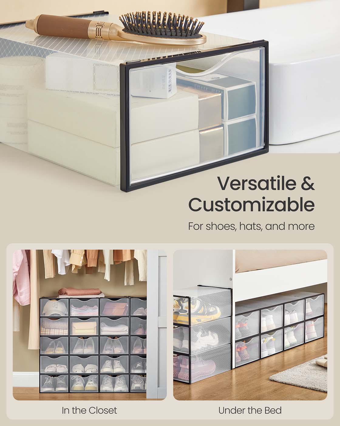 Stackable Shoe Boxes, Set of 12 Plastic Shoe Organizers with Door