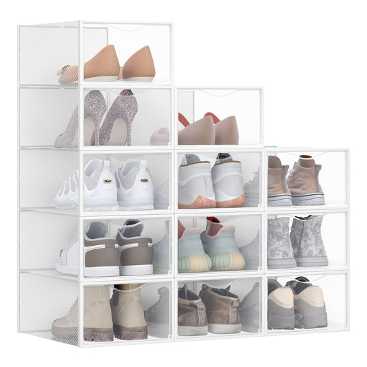Stackable Shoe Boxes, Set of 12 Plastic Shoe Organizers with Door