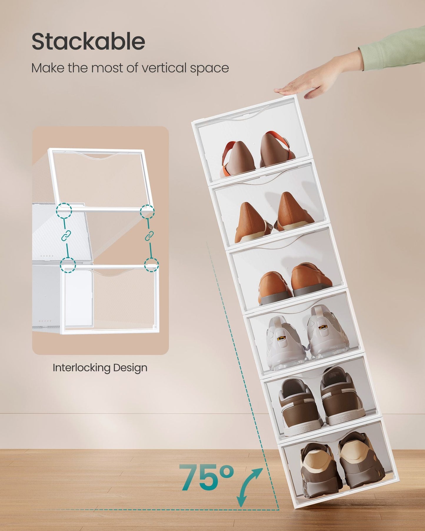 Stackable Shoe Boxes, Set of 12 Plastic Shoe Organizers with Door