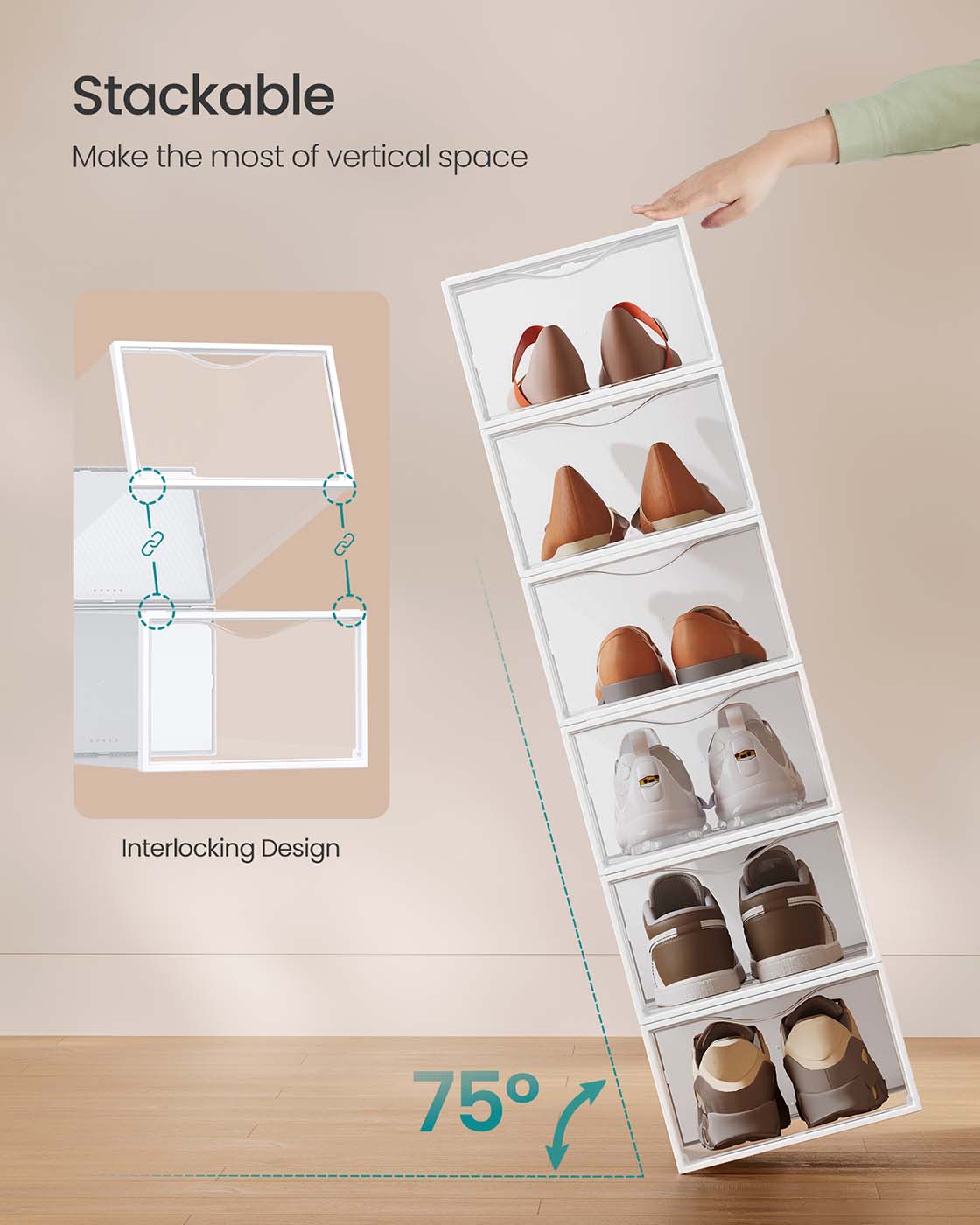 Stackable Shoe Boxes, Set of 18 Plastic Shoe Organizers with Door
