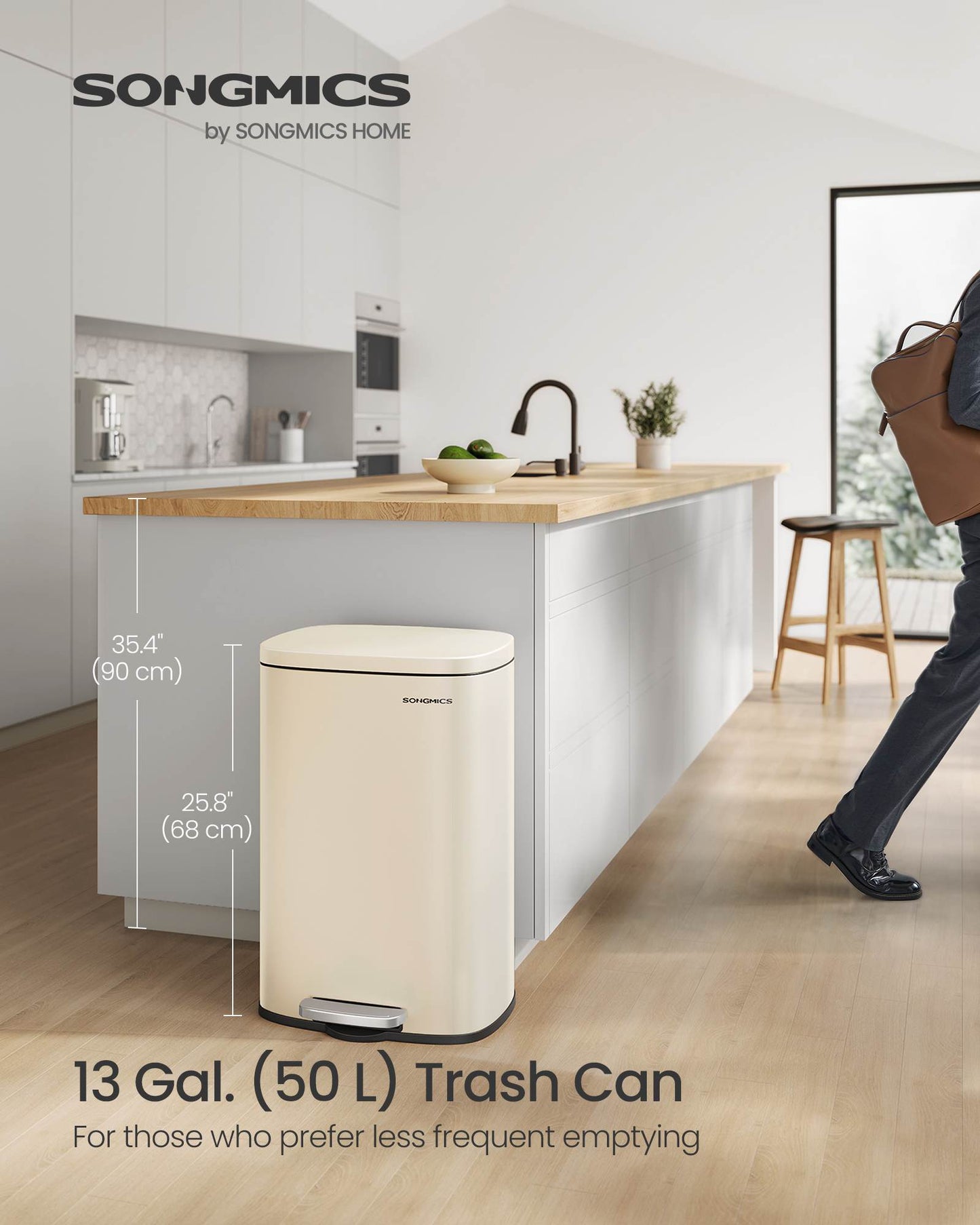13 Gallon White Step Trash Can with Hinged Lid for Kitchen