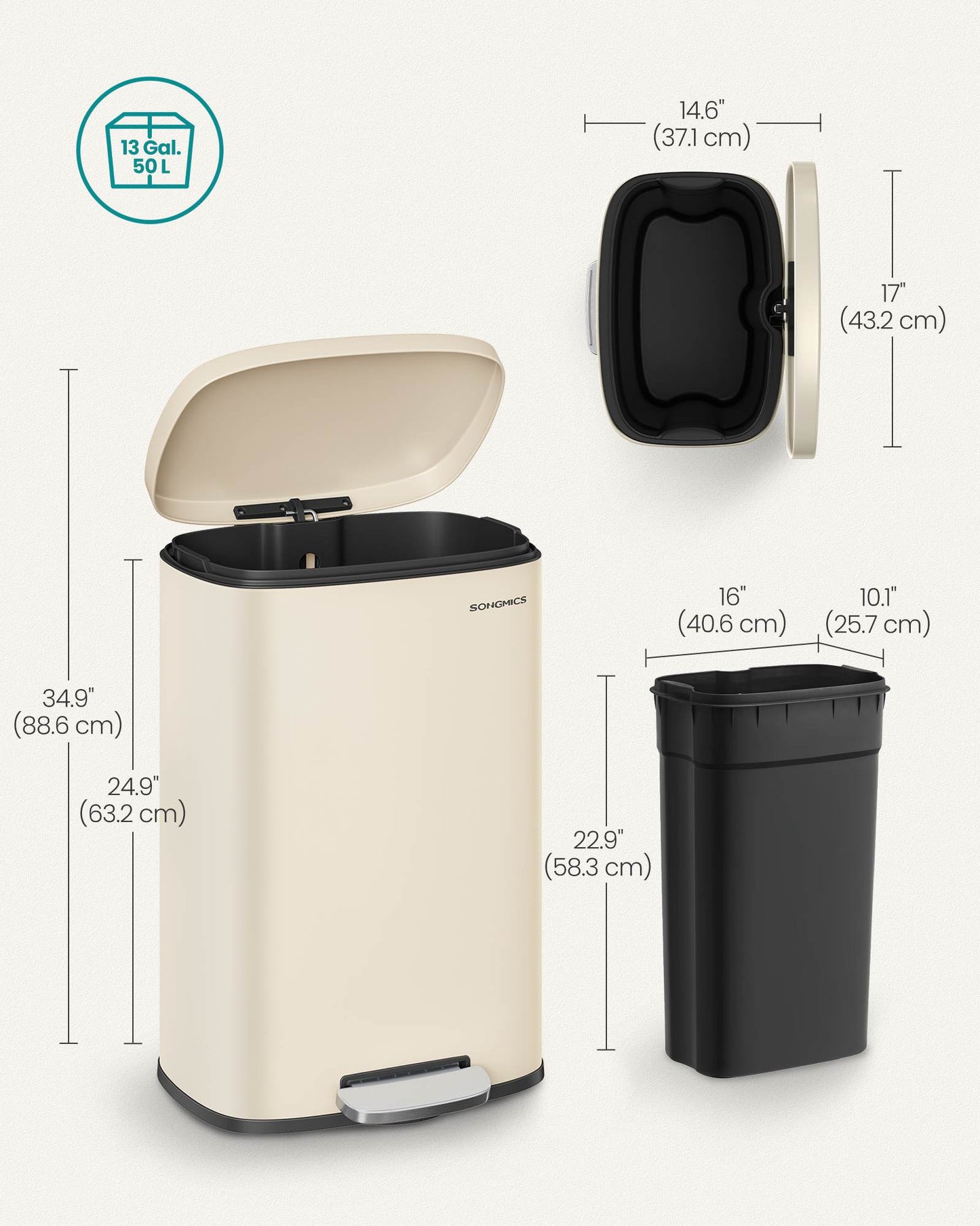 13 Gallon White Step Trash Can with Hinged Lid for Kitchen