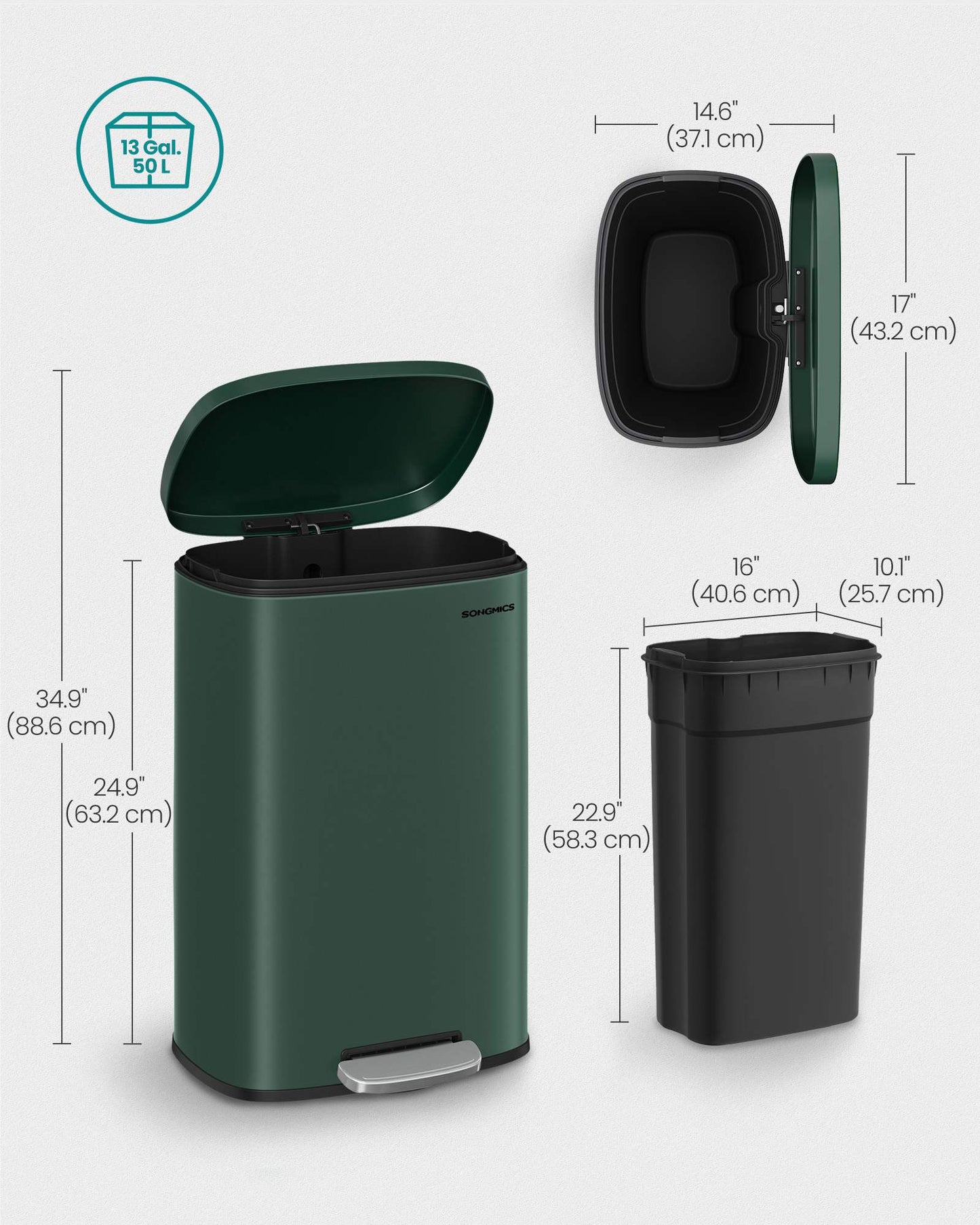 13 Gallon White Step Trash Can with Hinged Lid for Kitchen