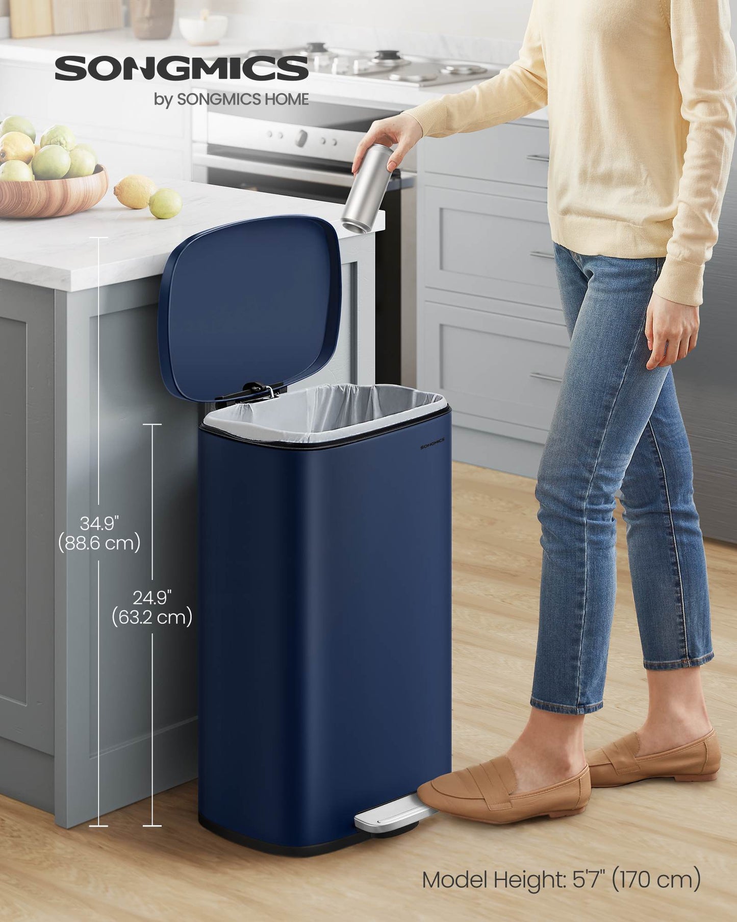 13 Gallon White Step Trash Can with Hinged Lid for Kitchen