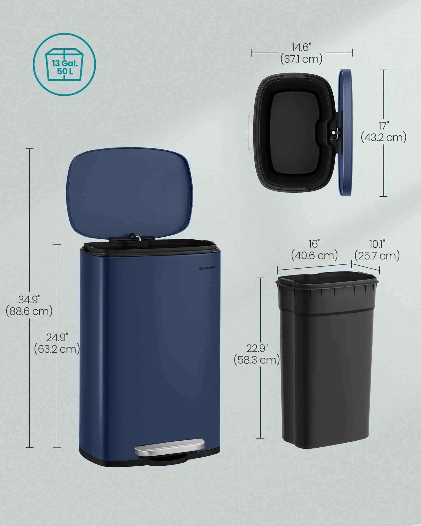 13 Gallon White Step Trash Can with Hinged Lid for Kitchen