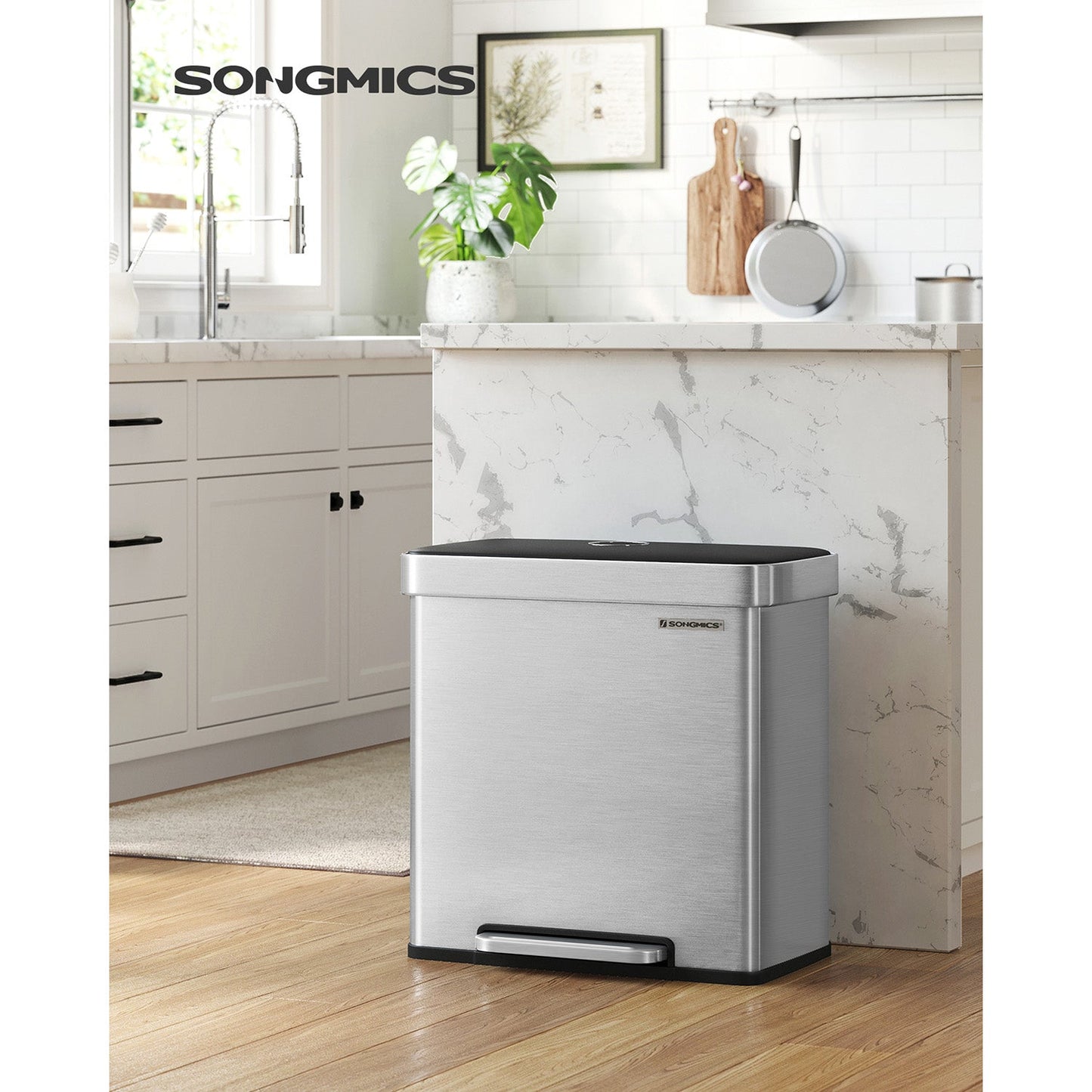 16 Gallon(2 x 8 Gallon) Dual Compartment Garbage Can Silver