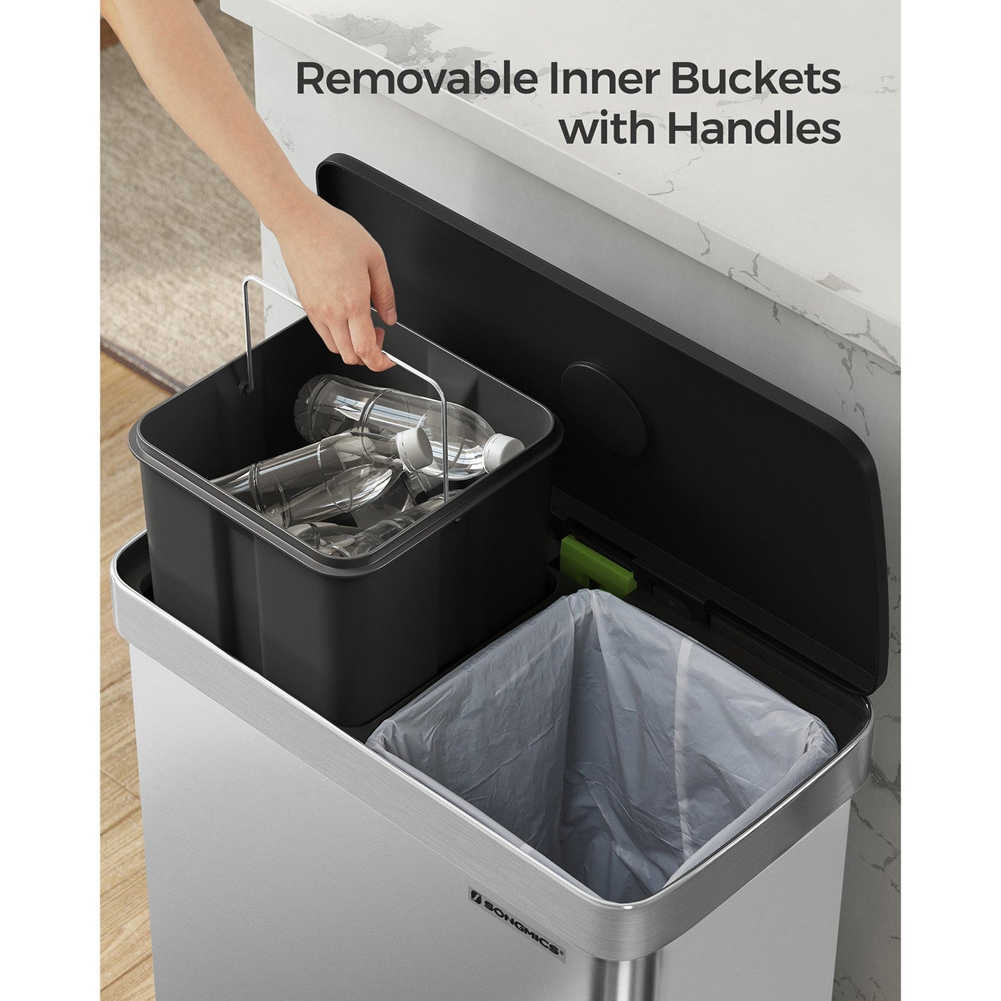 16 Gallon(2 x 8 Gallon) Dual Compartment Garbage Can Silver