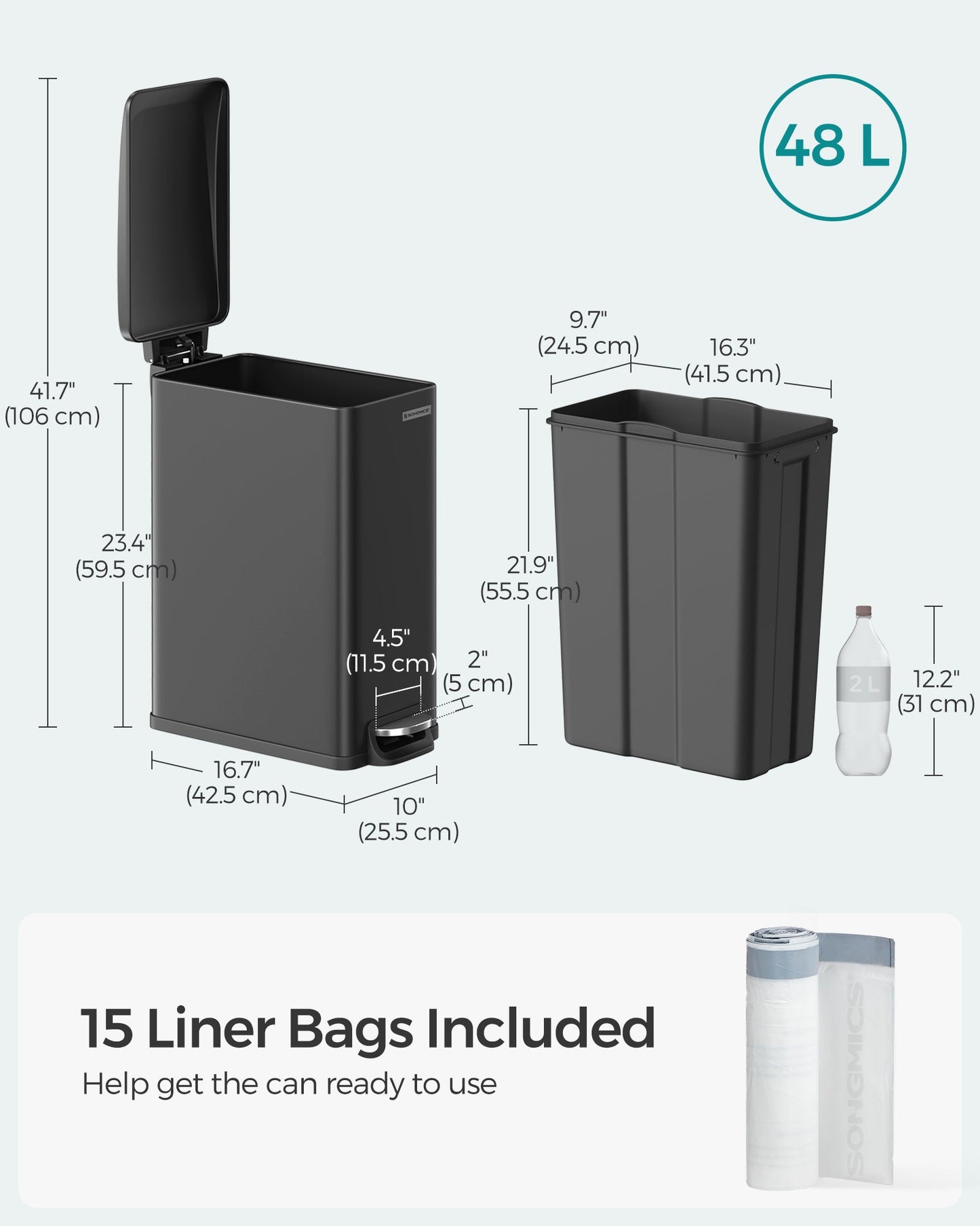 13 Gallon Garbage Can for Narrow Spaces with Soft-Close Lid