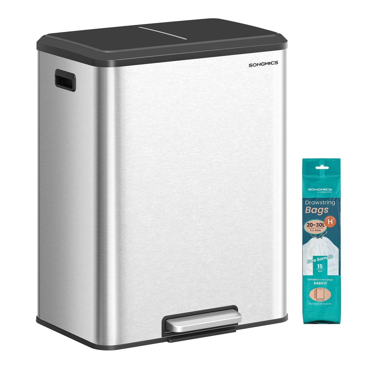 Dual Trash Can, 16 Gallon (2 x 8 Gal), Metallic Silver, Stainless Steel, Step Pedal, Soft-Close Lid