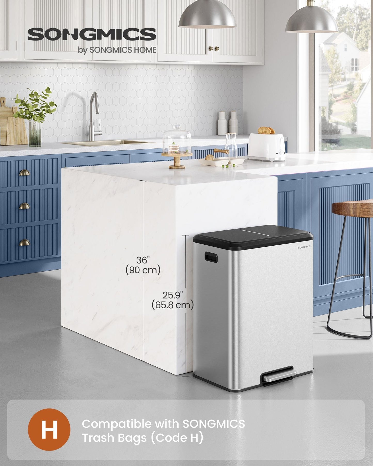 Dual Trash Can, 16 Gallon (2 x 8 Gal), Metallic Silver, Stainless Steel, Step Pedal, Soft-Close Lid