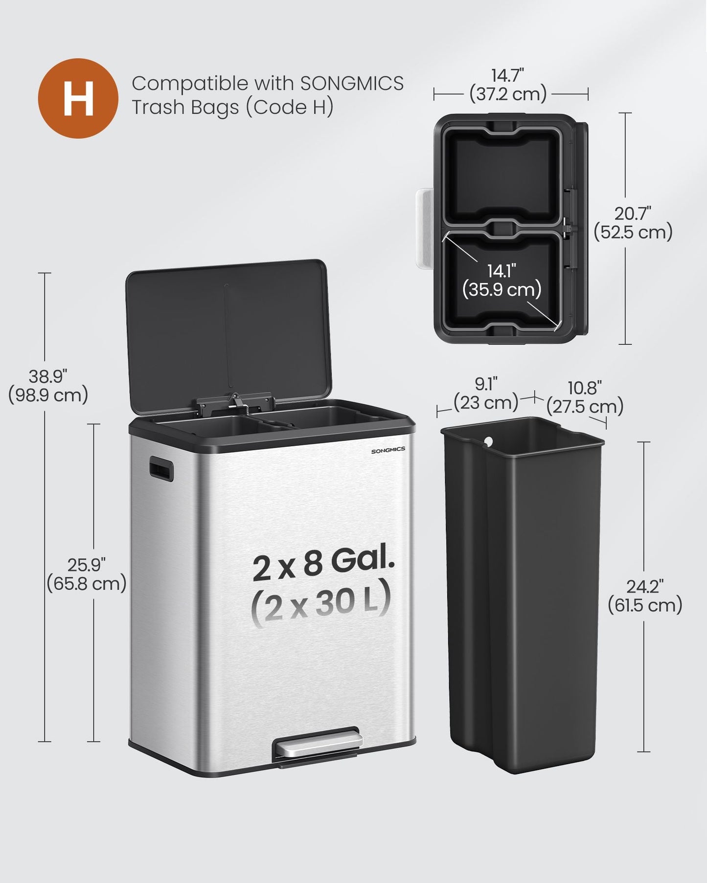 Dual Trash Can, 16 Gallon (2 x 8 Gal), Metallic Silver, Stainless Steel, Step Pedal, Soft-Close Lid