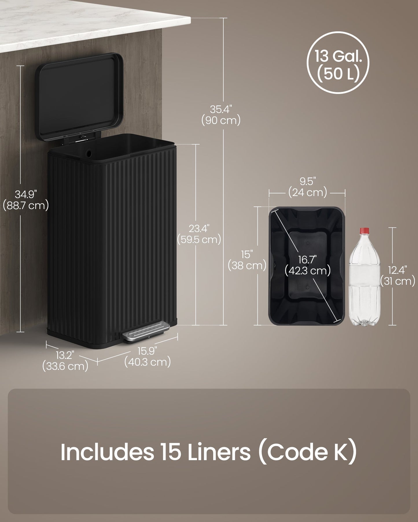 Trash Can, 13 Gallon (50 L) Garbage Can for Kitchen