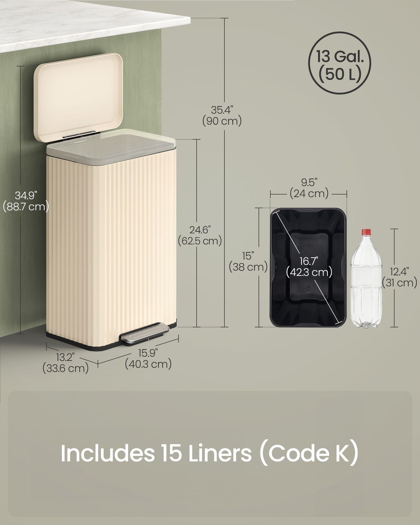Trash Can, 13 Gallon (50 L) Garbage Can for Kitchen