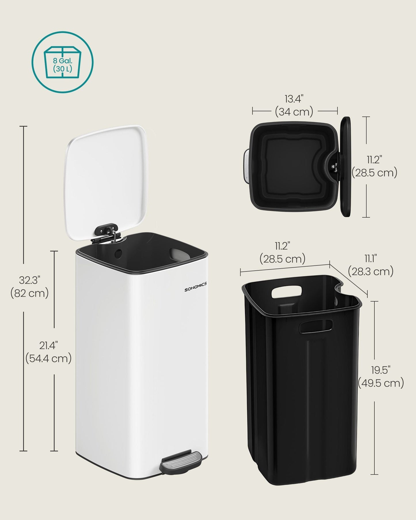 Stainless Steel Trash Can 8-Gallon (30 L) with Inner Bucket