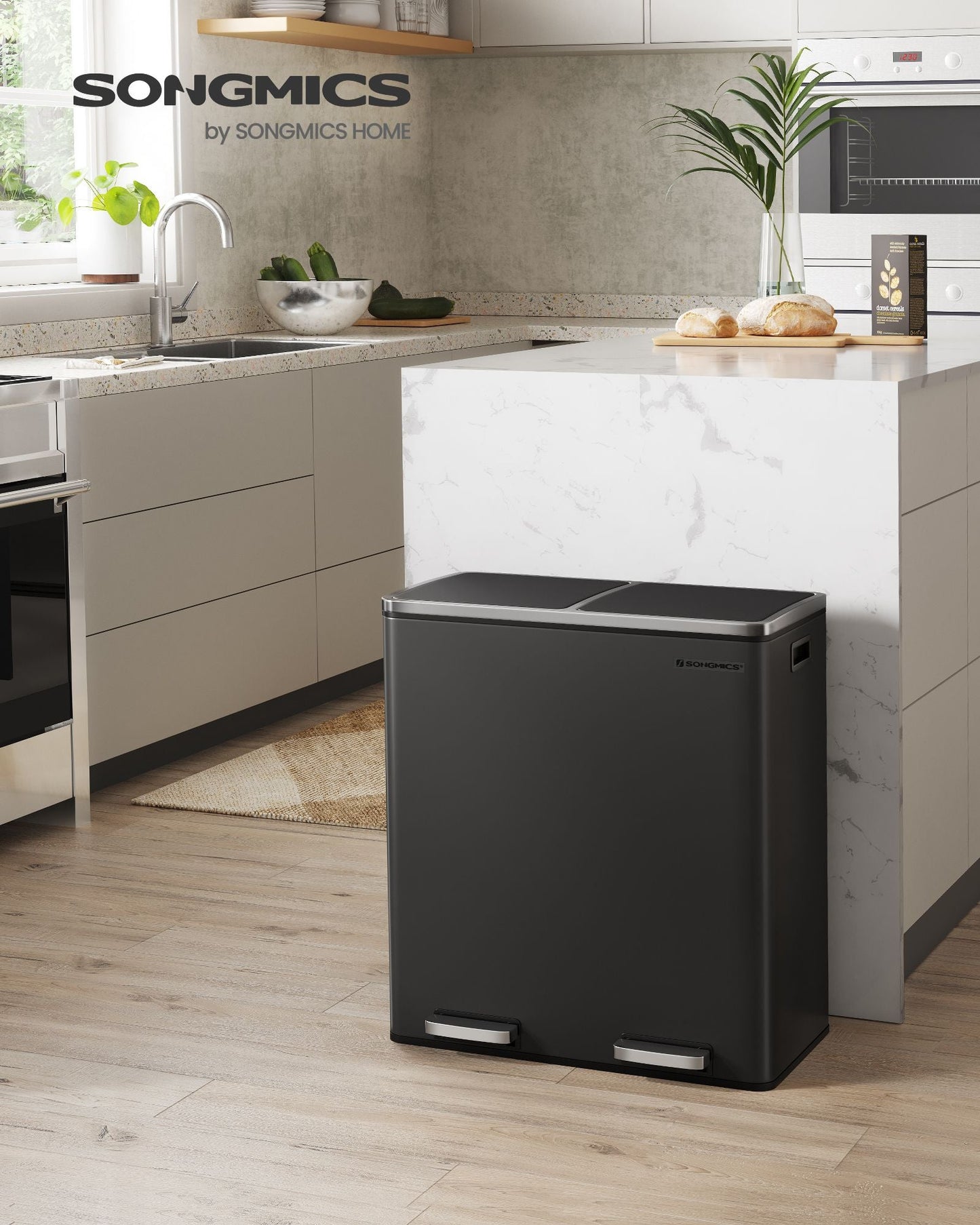 Trash Can with 2 Compartments, 2 x 8-Gallon Double GarbageCan, Trash Bin with Lids