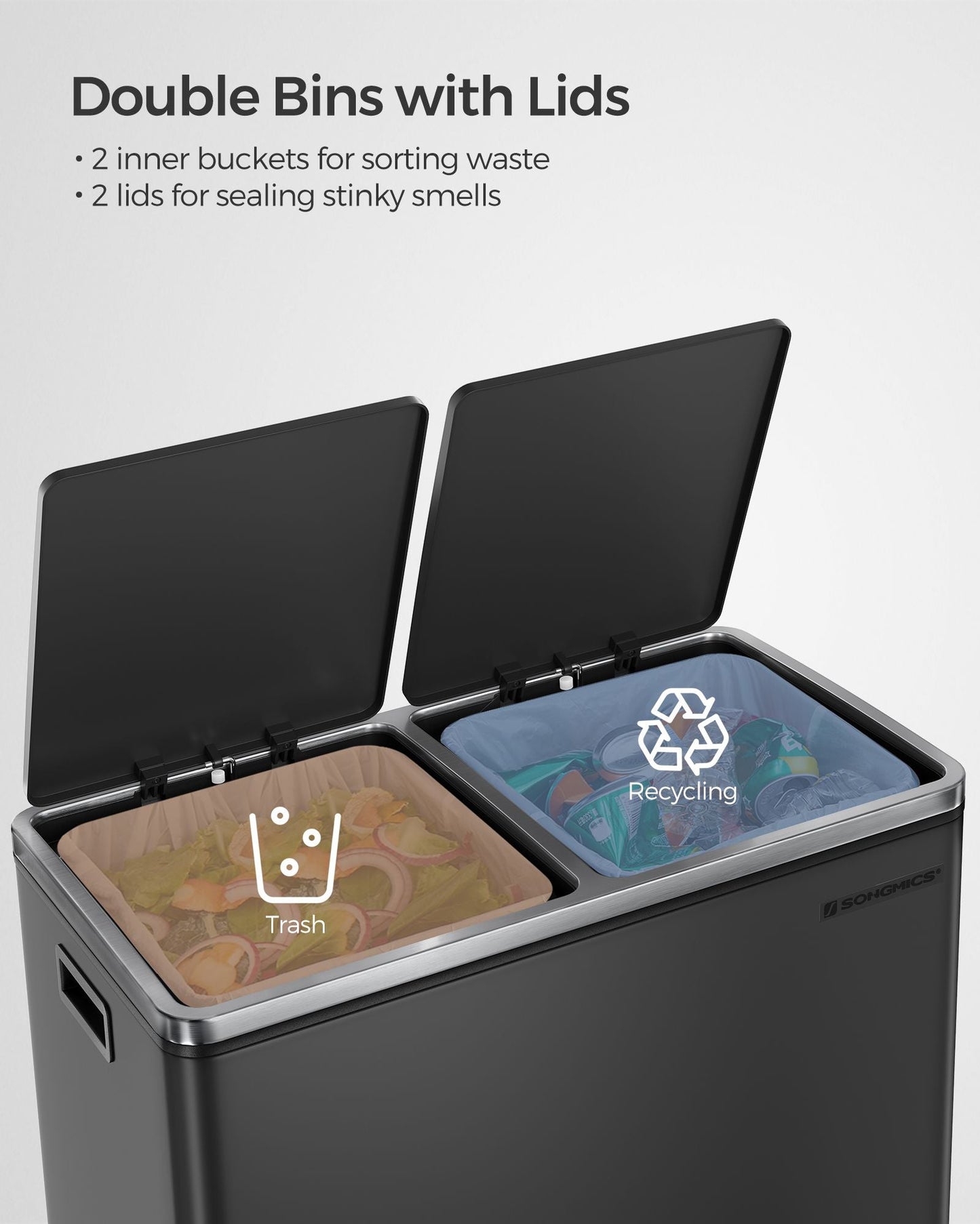 Trash Can with 2 Compartments, 2 x 8-Gallon Double GarbageCan, Trash Bin with Lids