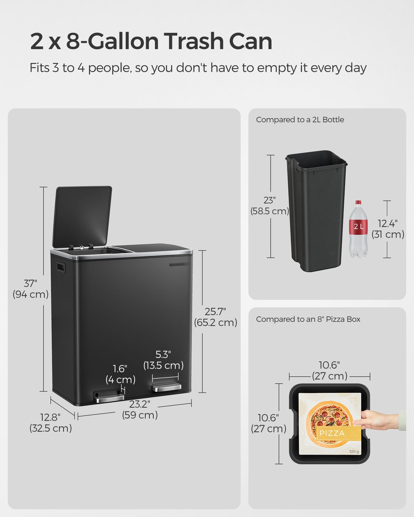 Trash Can with 2 Compartments, 2 x 8-Gallon Double GarbageCan, Trash Bin with Lids