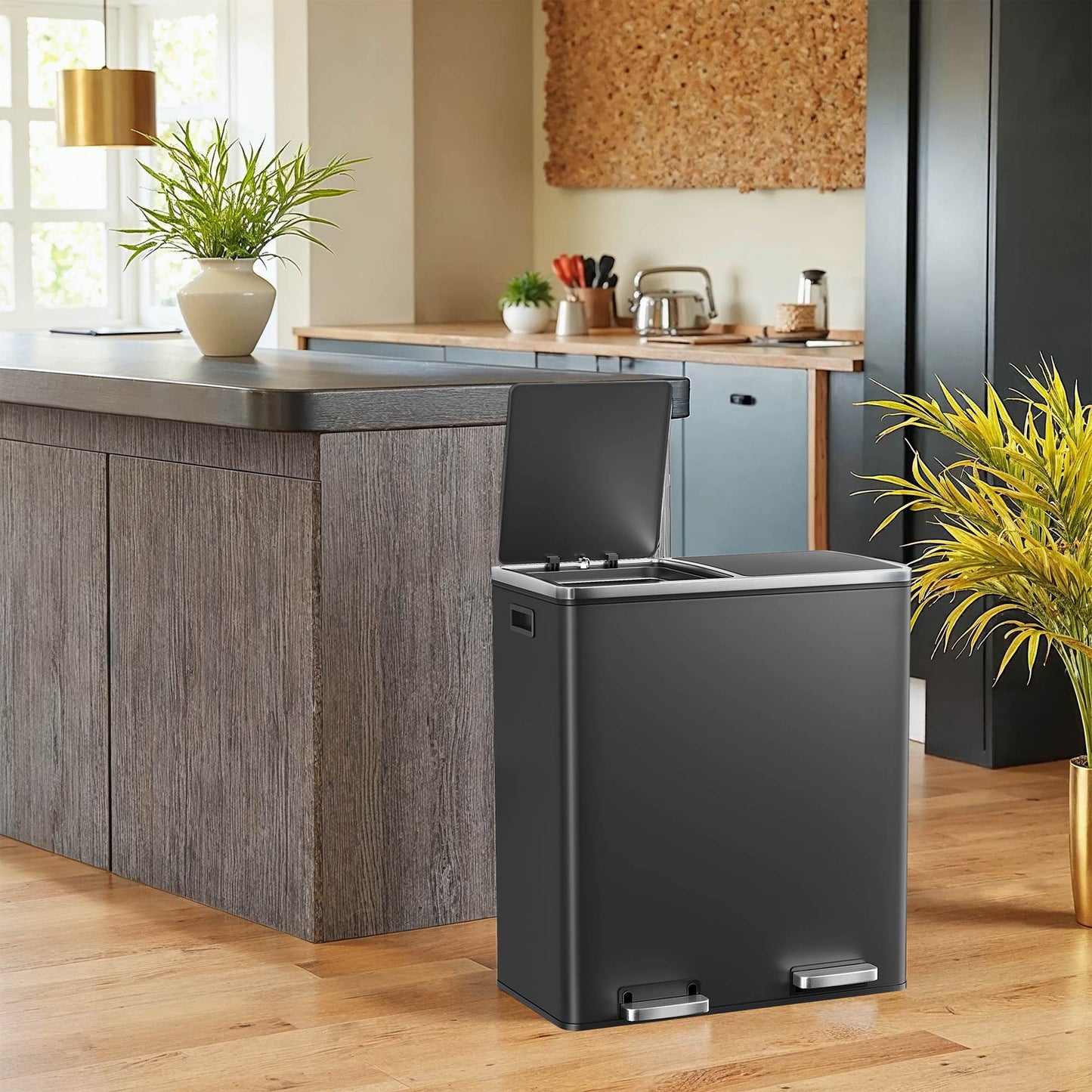 Trash Can with 2 Compartments, 2 x 8-Gallon Double GarbageCan, Trash Bin with Lids