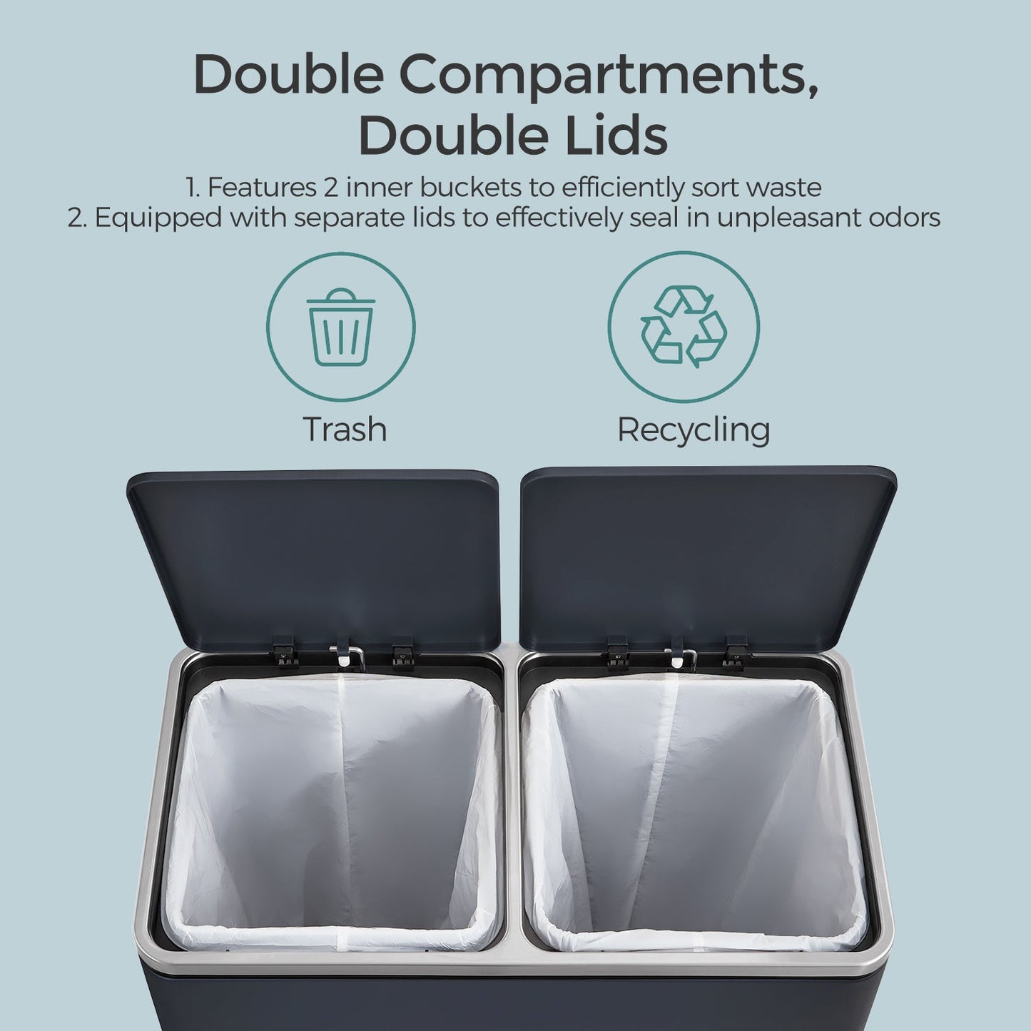 Trash Can with 2 Compartments, 2 x 8-Gallon Double GarbageCan, Trash Bin with Lids