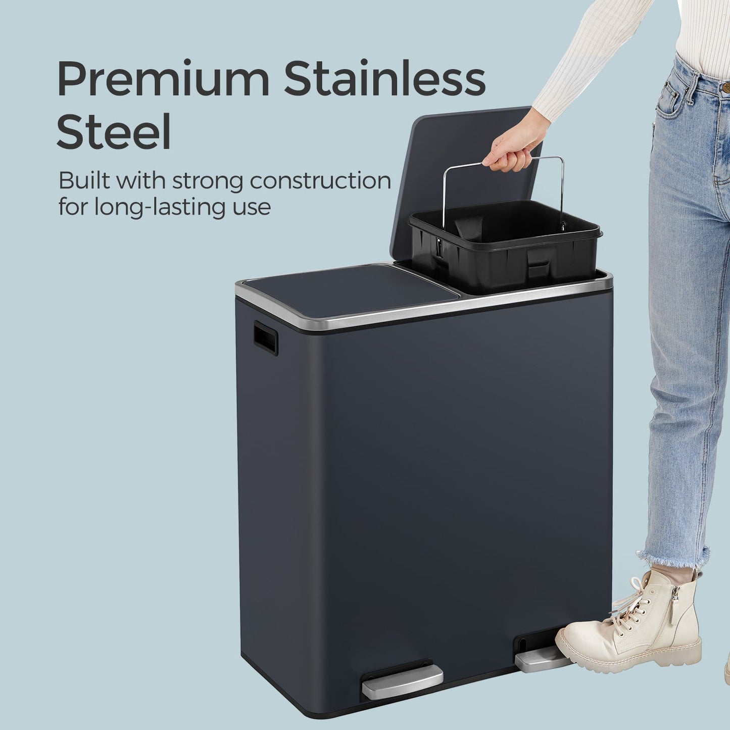 Trash Can with 2 Compartments, 2 x 8-Gallon Double GarbageCan, Trash Bin with Lids