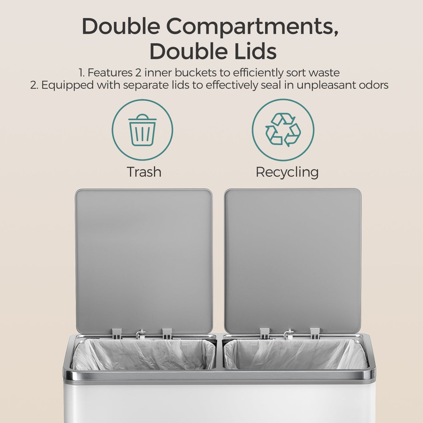 Trash Can with 2 Compartments, 2 x 8-Gallon Double GarbageCan, Trash Bin with Lids