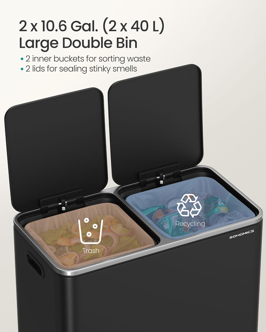 2 x 10.6 Gallon (2 x 40 L) Trash Can for Kitchen