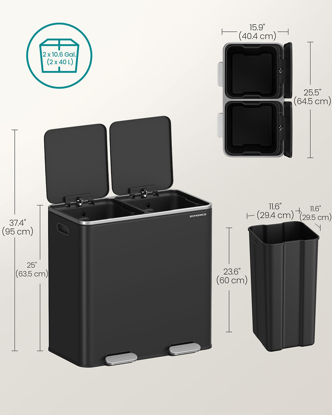 2 x 10.6 Gallon (2 x 40 L) Trash Can for Kitchen