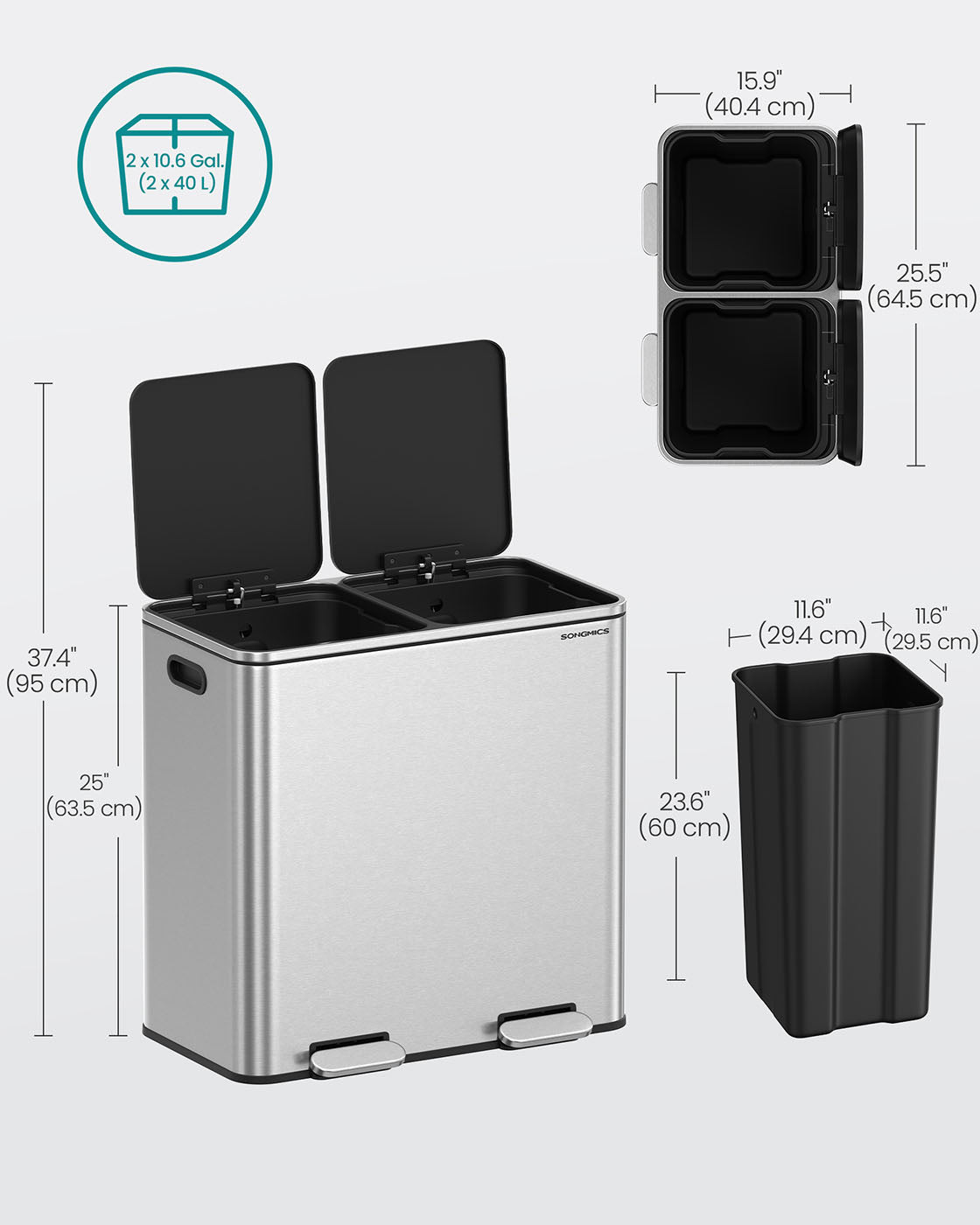 2 x 10.6 Gallon (2 x 40 L) Trash Can for Kitchen