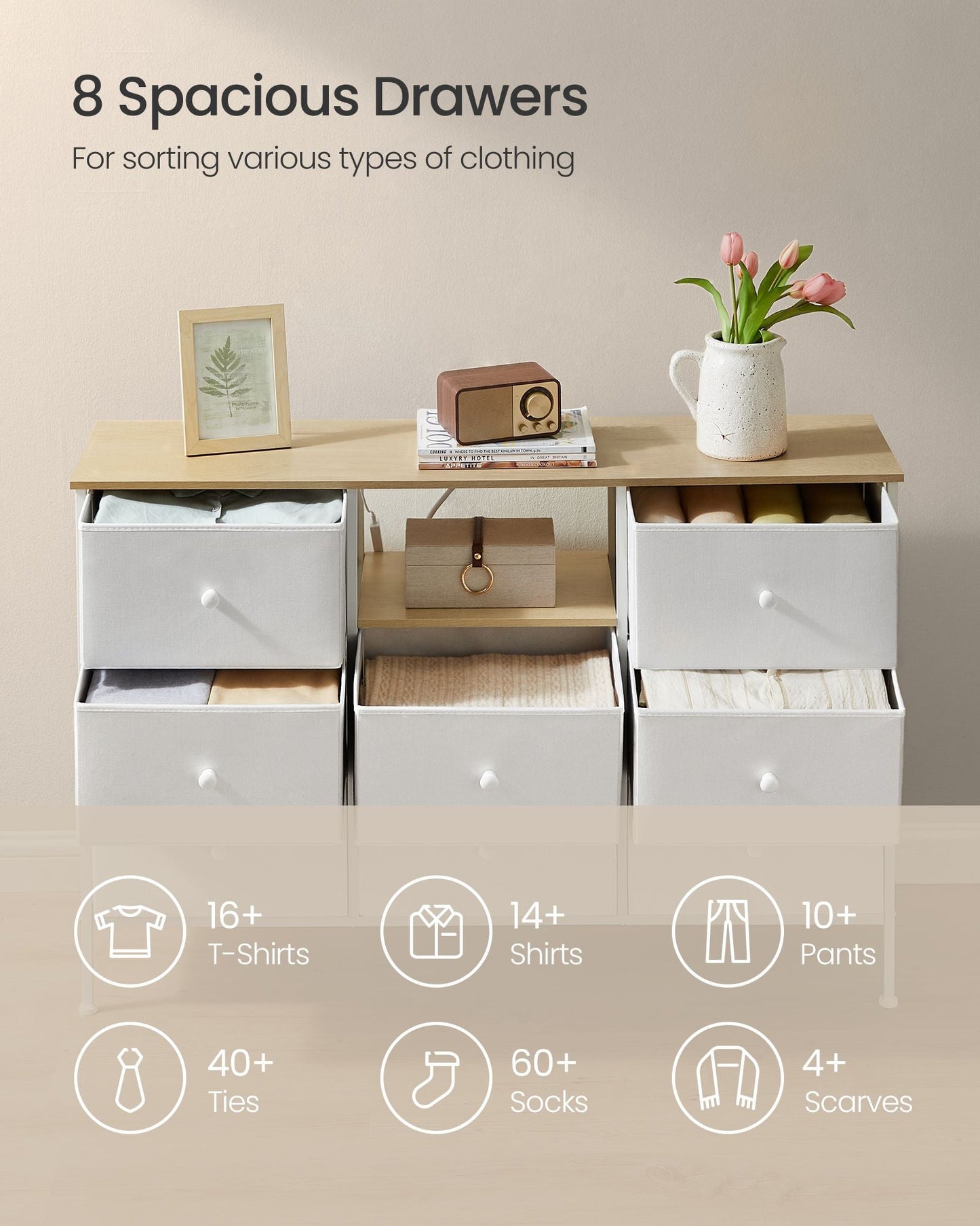 Fabric Dresser with Power Outlets and LED Lights