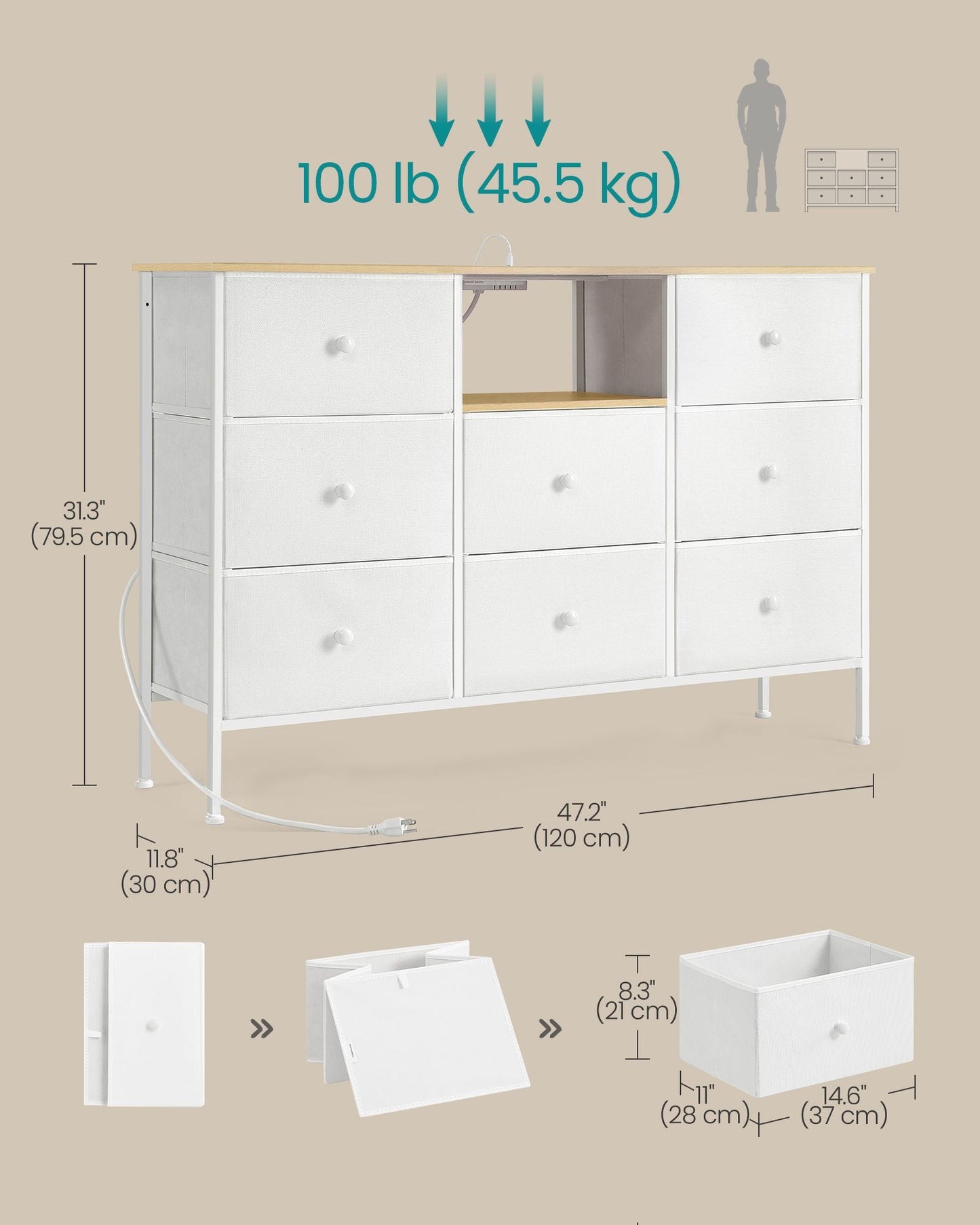 Fabric Dresser with Power Outlets and LED Lights