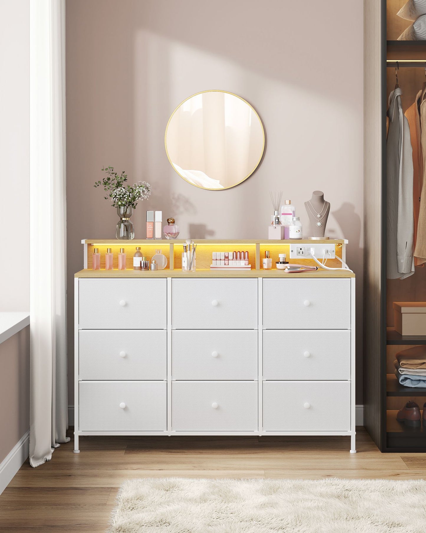 Storage Organizer with 9 Fabric Drawers and LED Lights