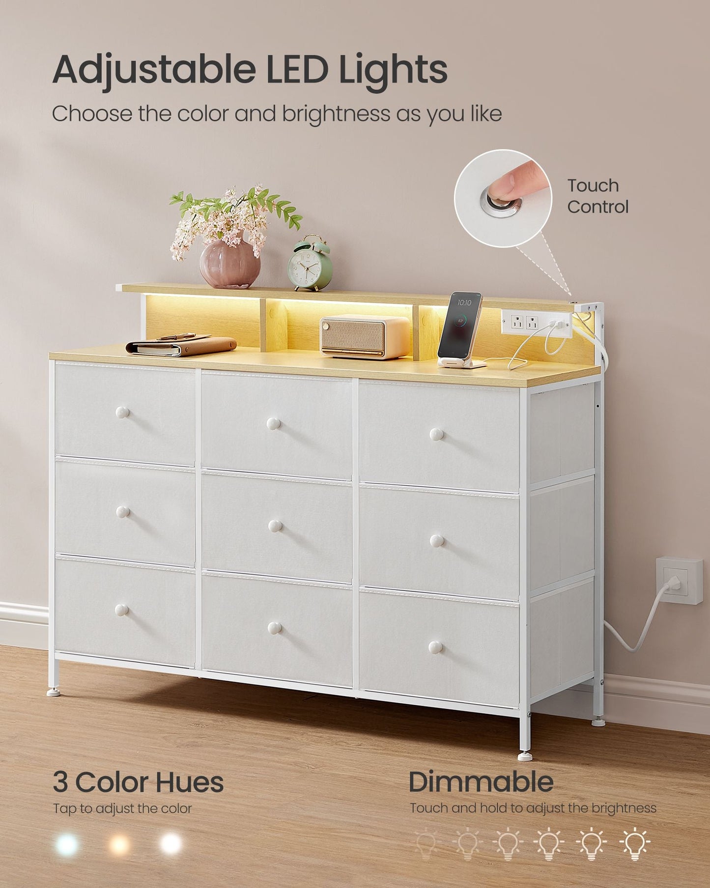 Storage Organizer with 9 Fabric Drawers and LED Lights