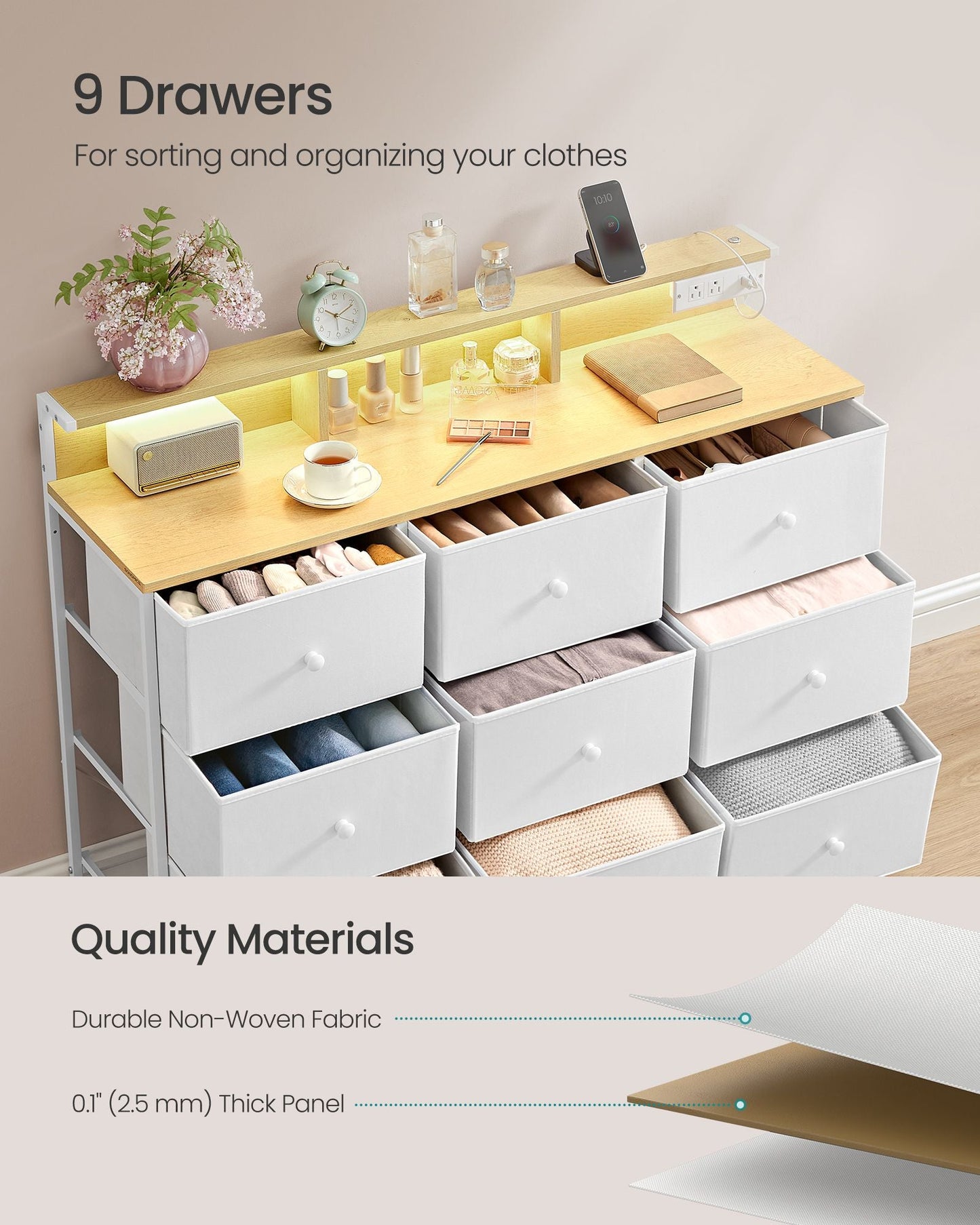 Storage Organizer with 9 Fabric Drawers and LED Lights