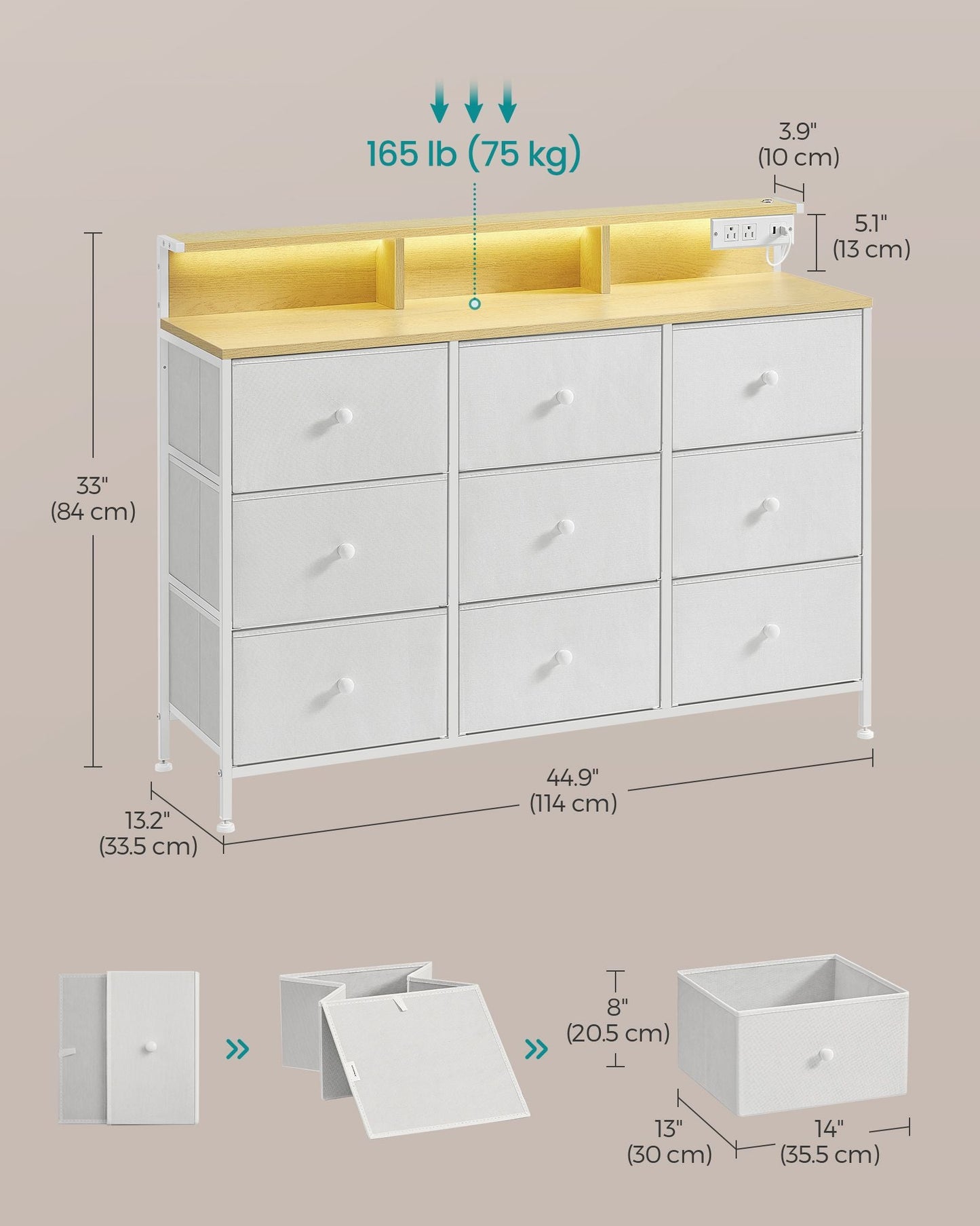 Storage Organizer with 9 Fabric Drawers and LED Lights