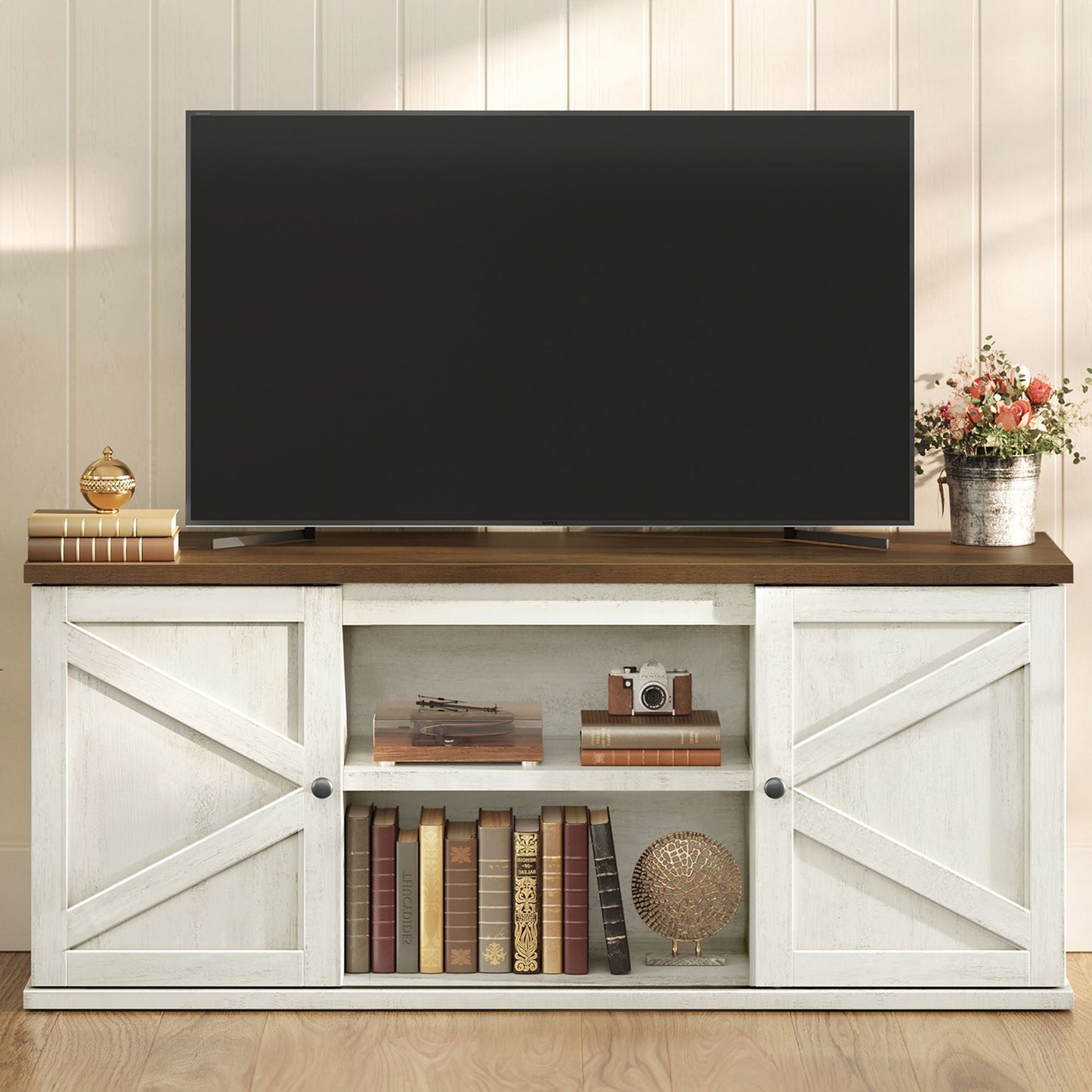 Farmhouse TV Stand for TVs up to 65 Inches, Entertainment Center with Storage Cabinets and Sliding Barn Doors