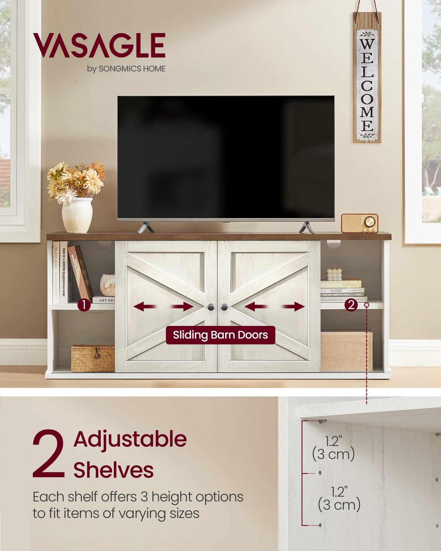 Farmhouse TV Stand for TVs up to 65 Inches, Entertainment Center with Storage Cabinets and Sliding Barn Doors