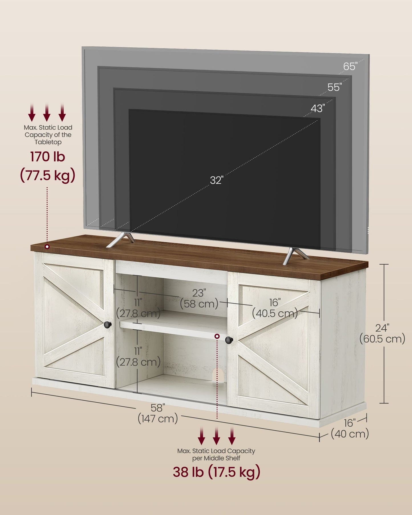 Farmhouse TV Stand for TVs up to 65 Inches, Entertainment Center with Storage Cabinets and Sliding Barn Doors