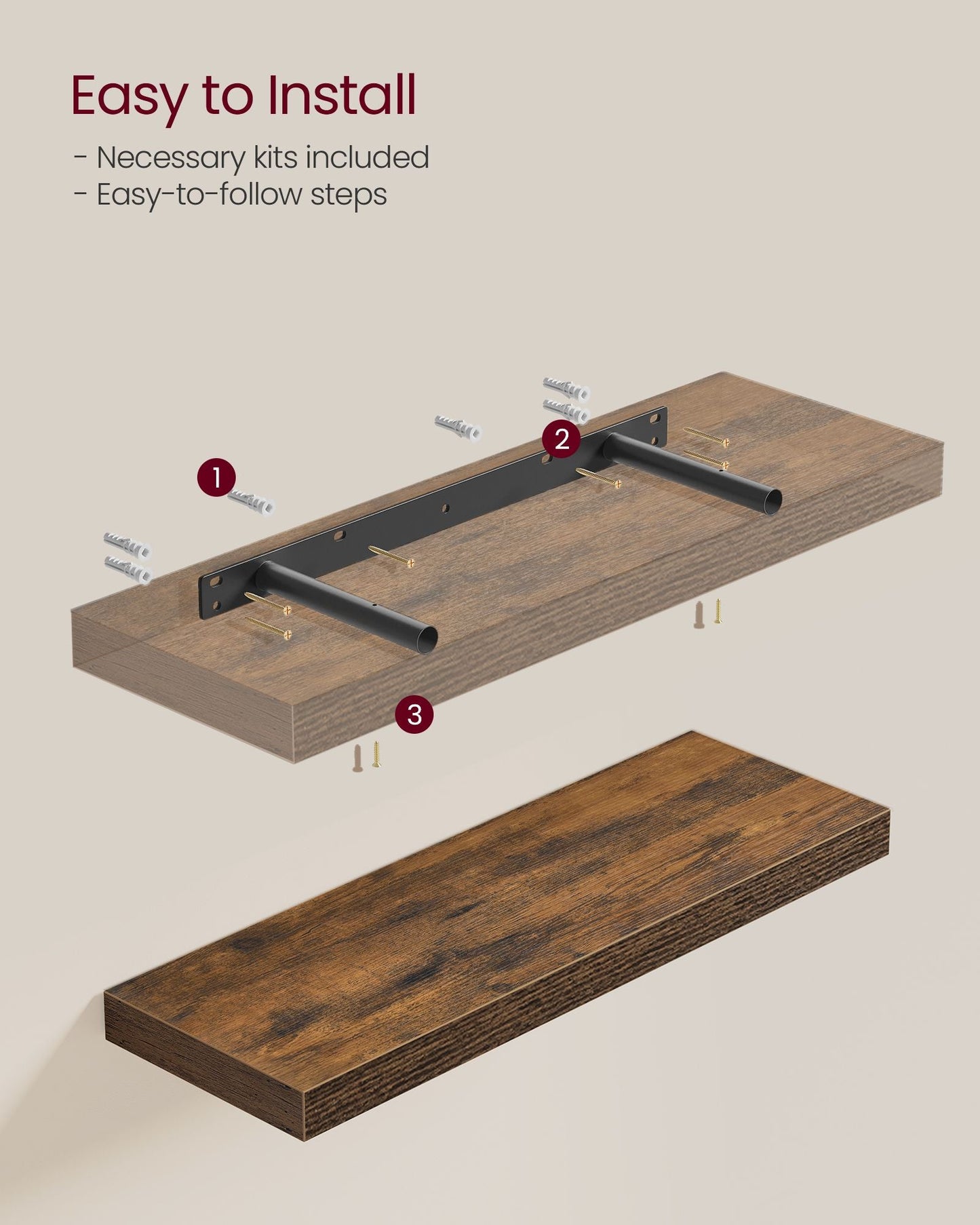 Wall Shelves Set of 4, Floating Shelves, 8 x 23.6 x 1.5 Inches, Display Shelves for Picture Frames, Decor, Hanging Shelf for Living Room, Kitchen, Rustic Brown