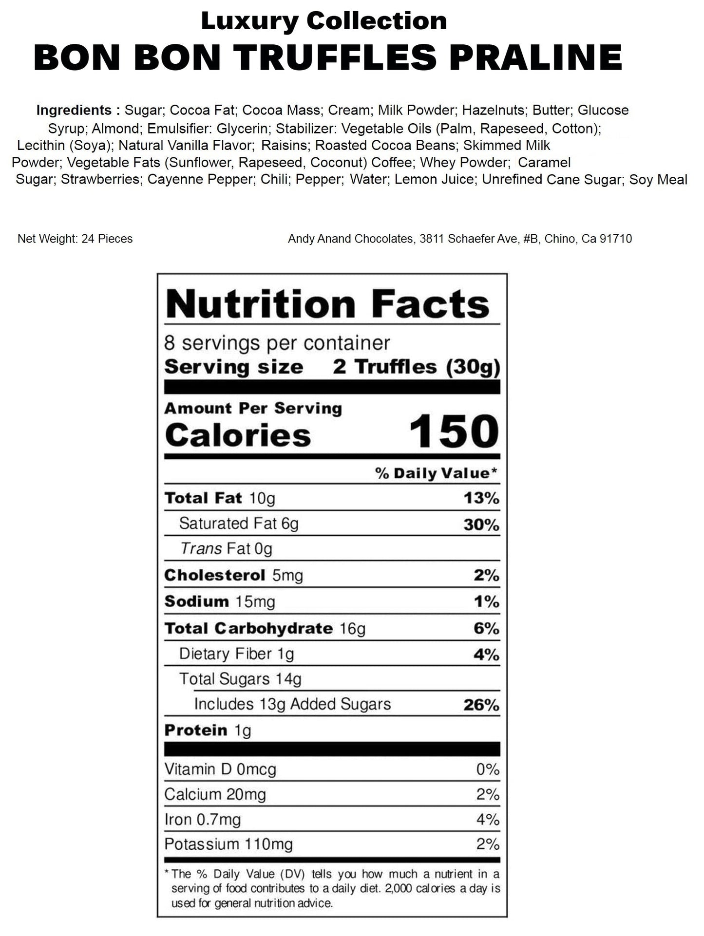 Nutrition facts label for luxury truffles with ingredients list on a white background