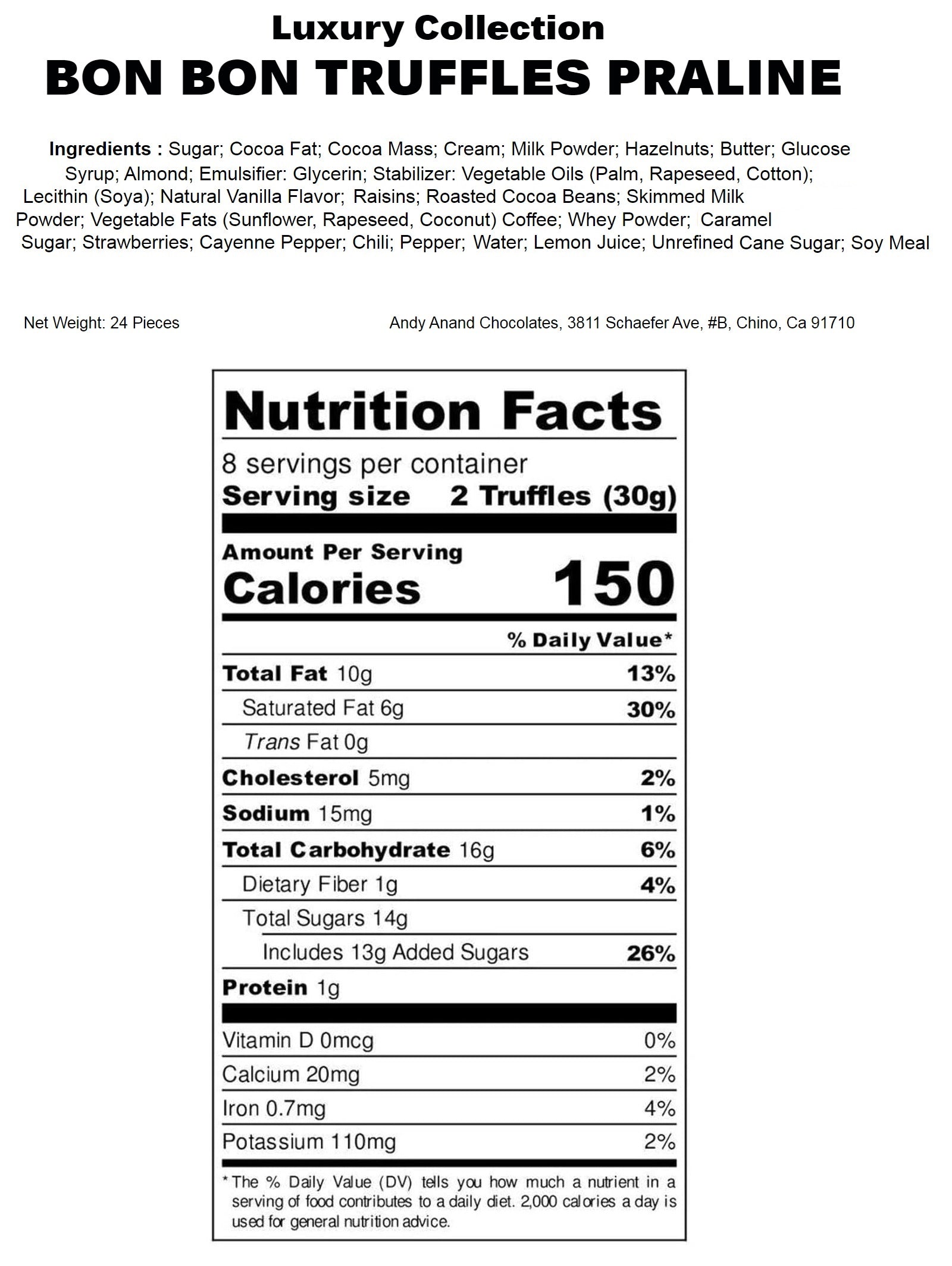 Nutrition facts label for luxury truffles with ingredients list on a white background
