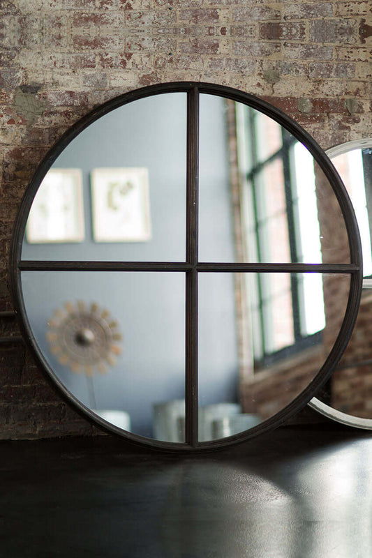 Large Round Wood Vintage Wall Mirror in Black
