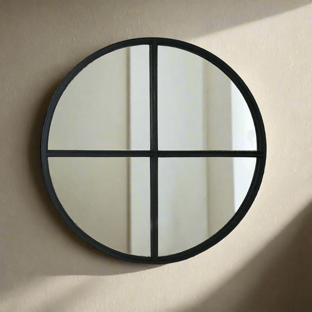 Large Round Wood Vintage Wall Mirror in Black