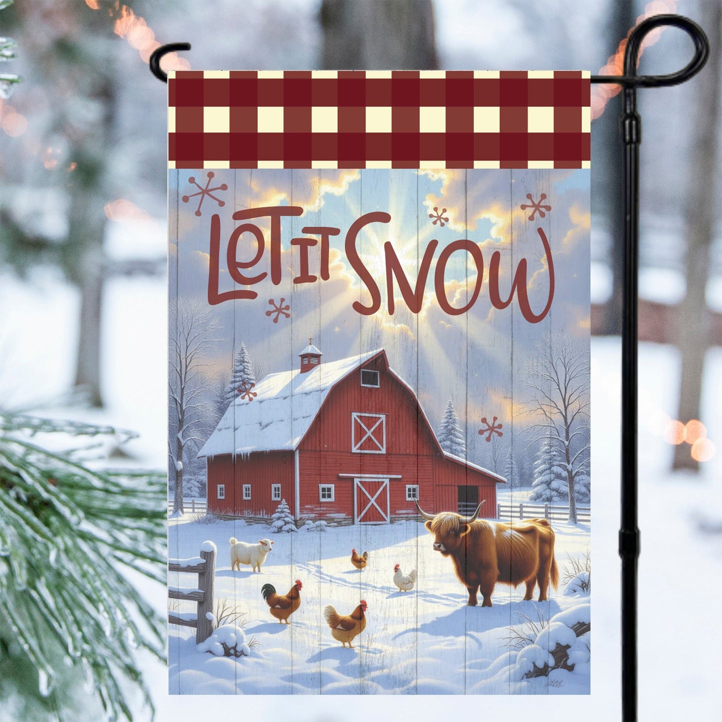 Let It Snow Red Barn Garden Flag features a snowy barn and farm animals, perfect for winter outdoor décor.